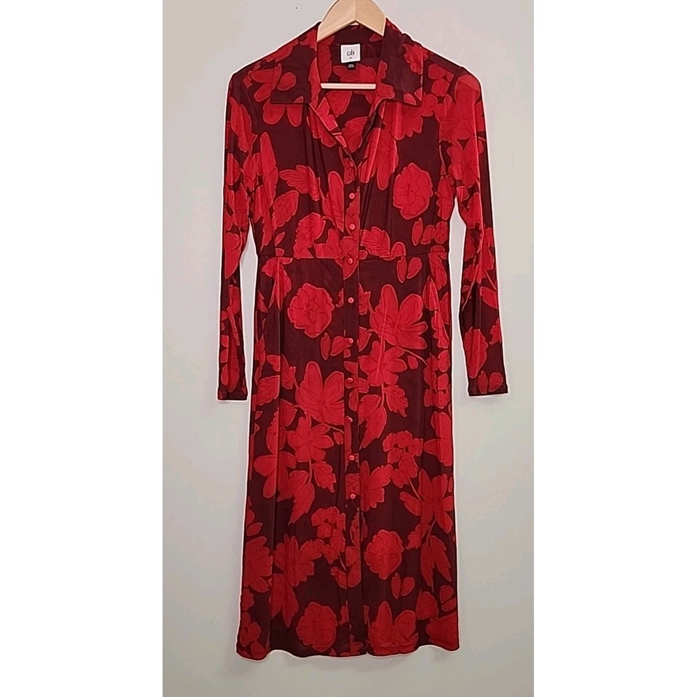Cabi Women XS Red Floral Mesh Shirt Midi Dress W/Pockets Colorful Retro Artsy